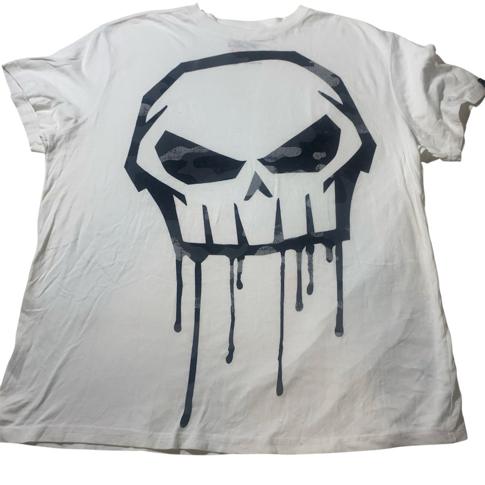 Y2K No Fear XXL Skull Drip Graphic Tee White Camo‎ Print Shirt Vintage